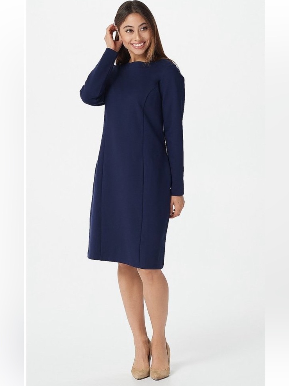 NEW Susan Graver Navy Ponte Long Sleeves Dress XL Minimalist Dressy Casual